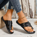 Sandálias Femininas Pretas em Couro Planas